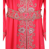Flamingo Pink Moroccan Embroidered Women's Kaftan Dress with Silver and White Stiching - Hijaz Cultural Fashion