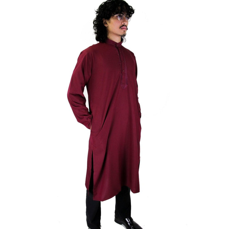 Hijaz Mens Premium Embroidered Maroon Kurta Top Wrinkle Free Cotton Short Tunic Indian Party Wear Throbe Asian Streetwear - Hijaz Cultural Fashion
