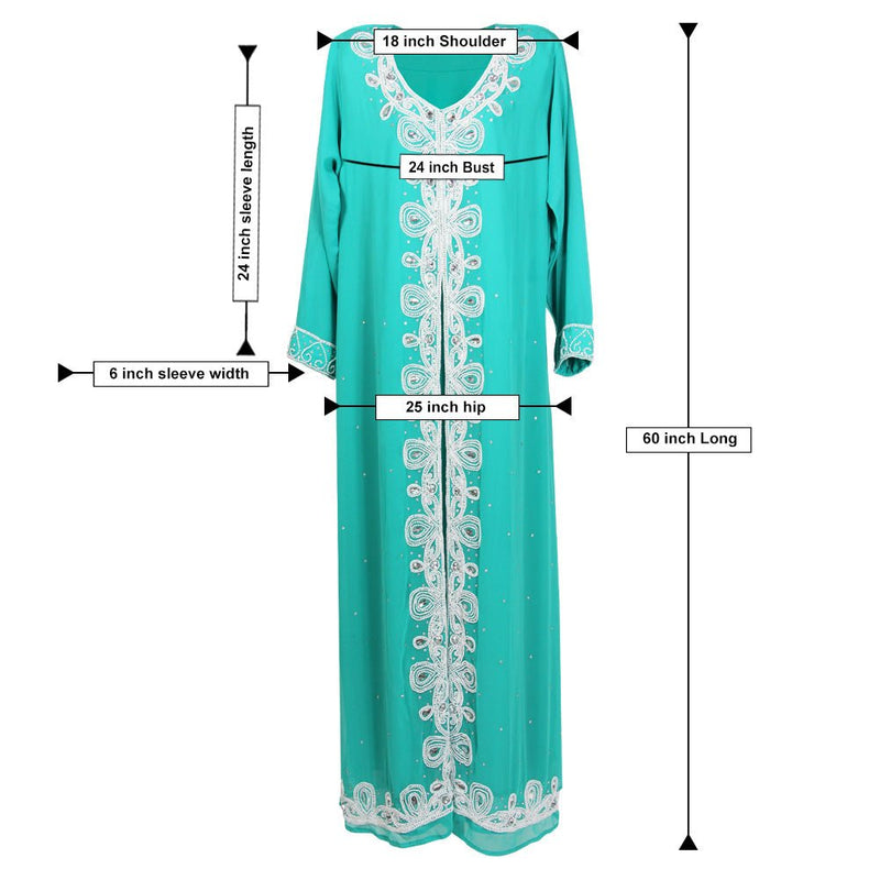 Moroccan Style Embroidered Turquoise Blue Color Kaftan Dress 60 inch Long - Hijaz Cultural Fashion