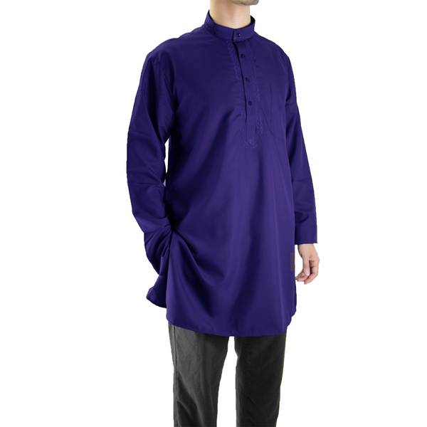 Hijaz Men's Embroidered Midnight Blue Kurta Top Wrinkle Free Cotton Short Tunic
