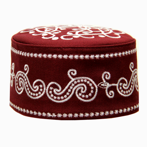 White and Red Kufi Crown Ornate Embroidered Rigid Prayer Cap