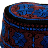 Blue and Maroon Kufi Crown Ornate Embroidered Rigid Prayer Cap