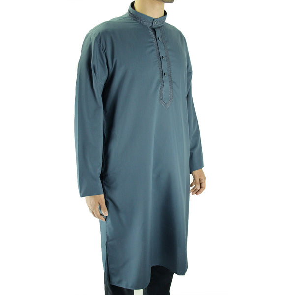 Hijaz Men's Embroidered Cool Gray Kurta Wrinkle Free Cotton Throbe Long Tunic