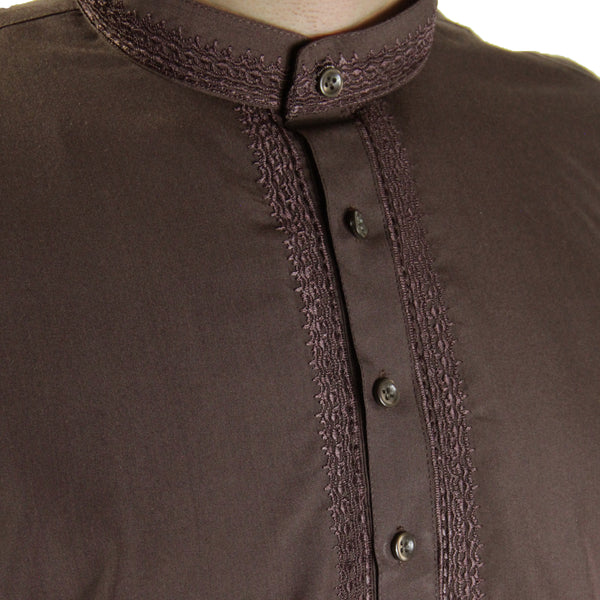 Hijaz Men's Embroidered Brown Kurta Wrinkle Free Cotton Throbe Long Tunic