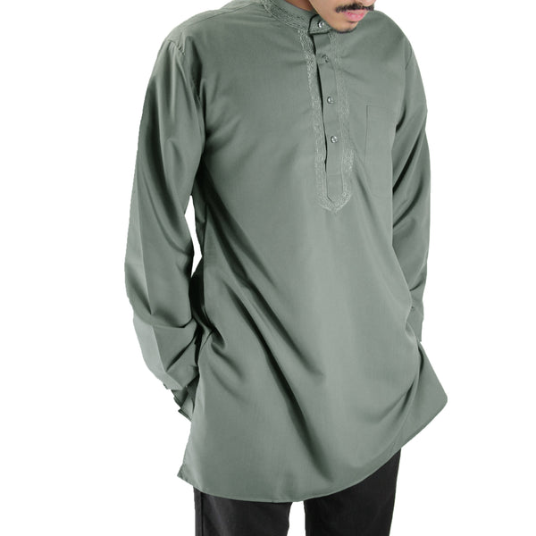 Hijaz Men's Embroidered Warm Gray Kurta Top Wrinkle Free Cotton Short Tunic