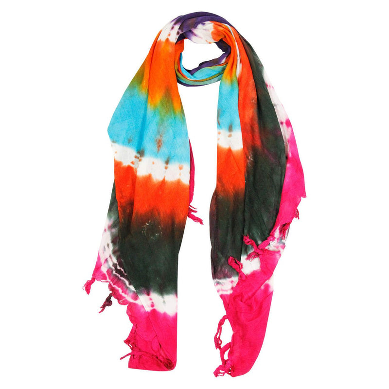 Blue Orange Green and Pink Tie Dye Rectangle Women's Hijab Scarf with Tassles - Hijaz Cultural Fashion