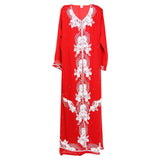 Cherry Red Moroccan Embroidered Women's Kaftan Dress with White Stiching - 59" length - Hijaz Cultural Fashion