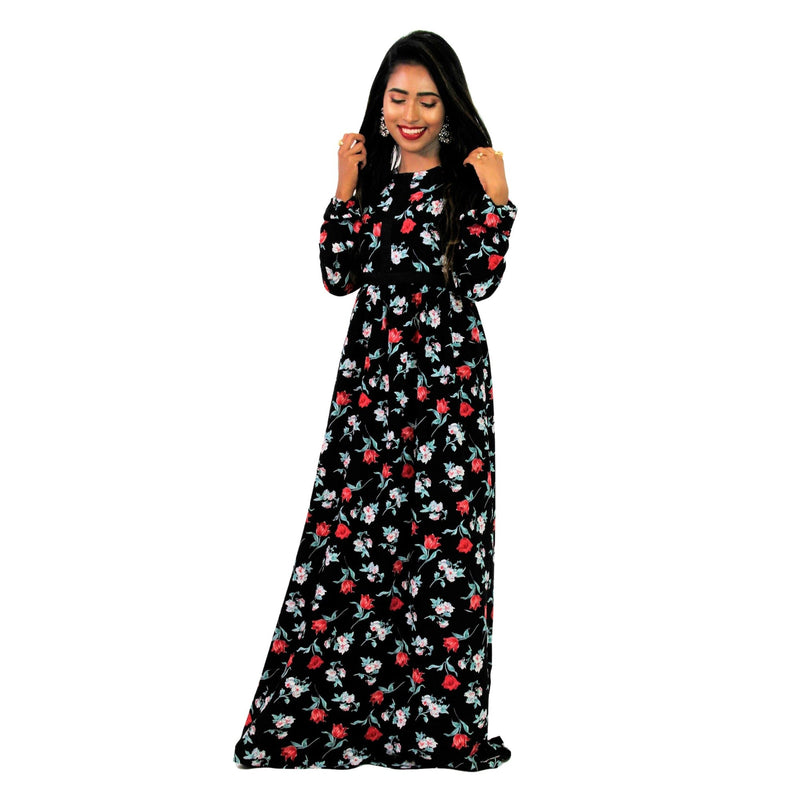 Hijaz Black Floral Rose Women's Modest Modern Abaya Maxi Casual Party Dress - Hijaz Cultural Fashion