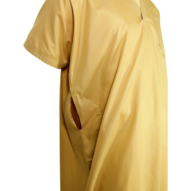 Hijaz Gold V-Neck Short Sleeve Casual Cotton Men's Thobe Arab Robe Dishdasha - Hijaz Cultural Fashion