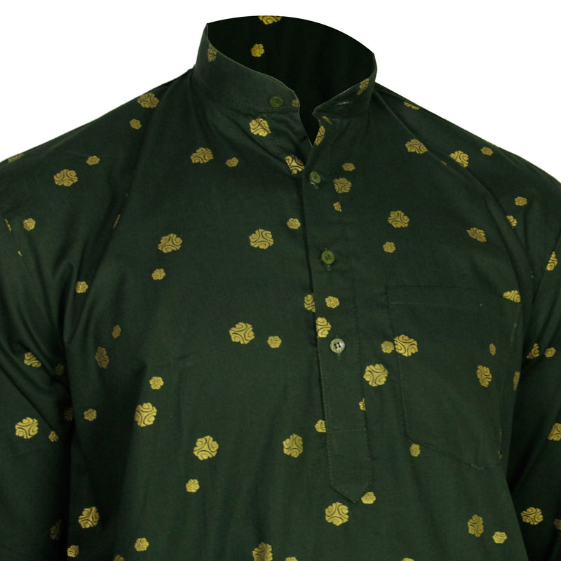Hijaz Green and Gold Foil Long Authentic Indian Pattern Kurta with Pockets - Hijaz Cultural Fashion