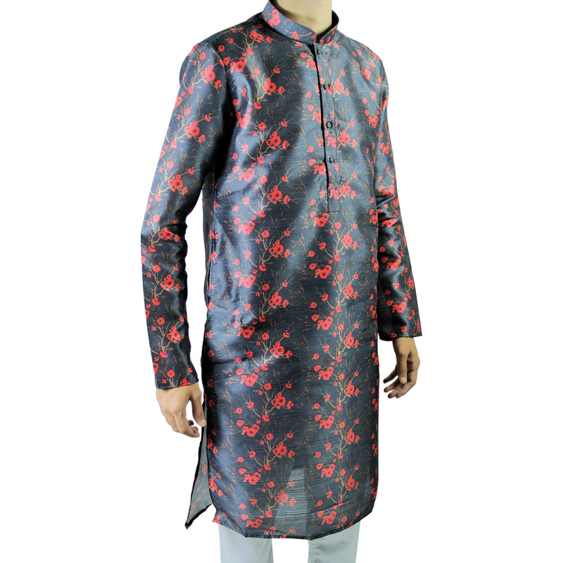 Hijaz Men's Dark Blue Formal Silky Cotton Cherry Blossom Long Asian Kurta Shirt - Hijaz Cultural Fashion