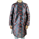Hijaz Men's Dark Blue Formal Silky Cotton Cherry Blossom Long Asian Kurta Shirt - Hijaz Cultural Fashion