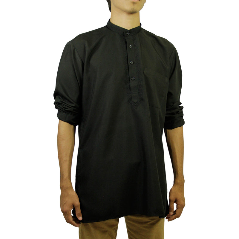 Black plain design full-sleeve with button-style cotton kurta