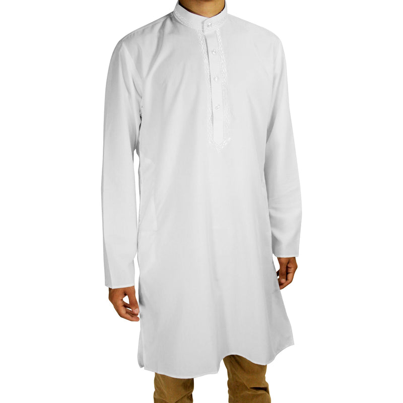 Hijaz Men's Embroidered Plain White Kurta Top Wrinkle Free Cotton Long Tunic - Hijaz Cultural Fashion