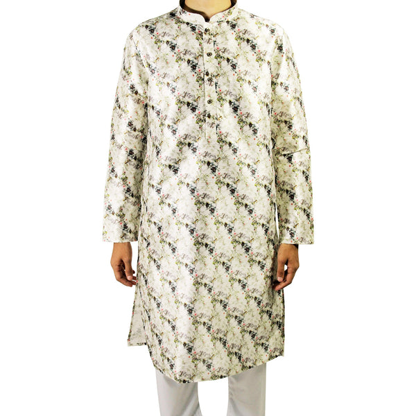 Hijaz Men's Off White Formal Silky Cotton Floral Print Long Asian Kurta Shirt - Hijaz Cultural Fashion