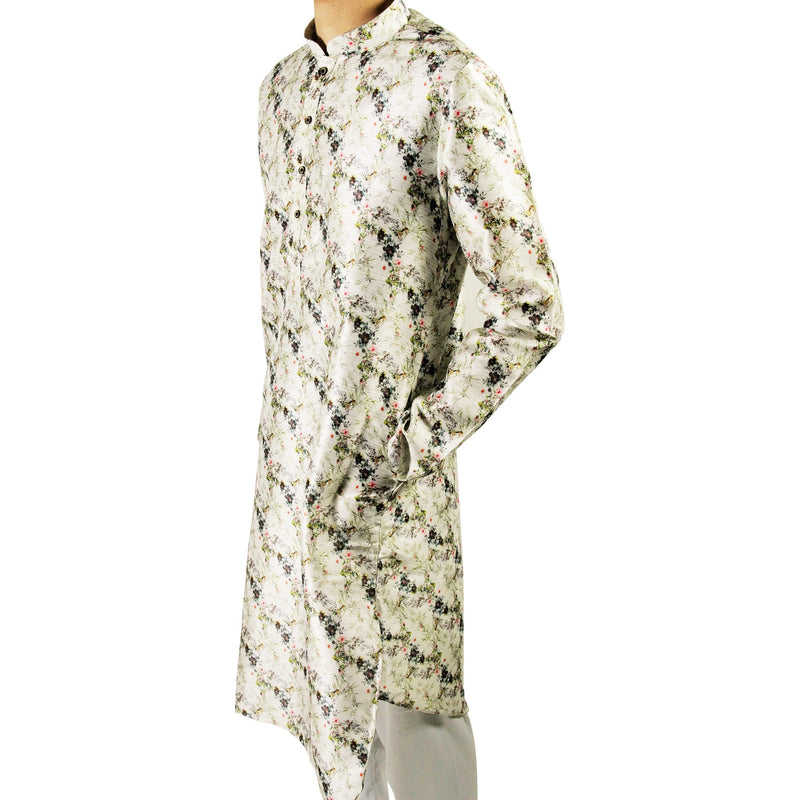 Hijaz Men's Off White Formal Silky Cotton Floral Print Long Asian Kurta Shirt - Hijaz Cultural Fashion