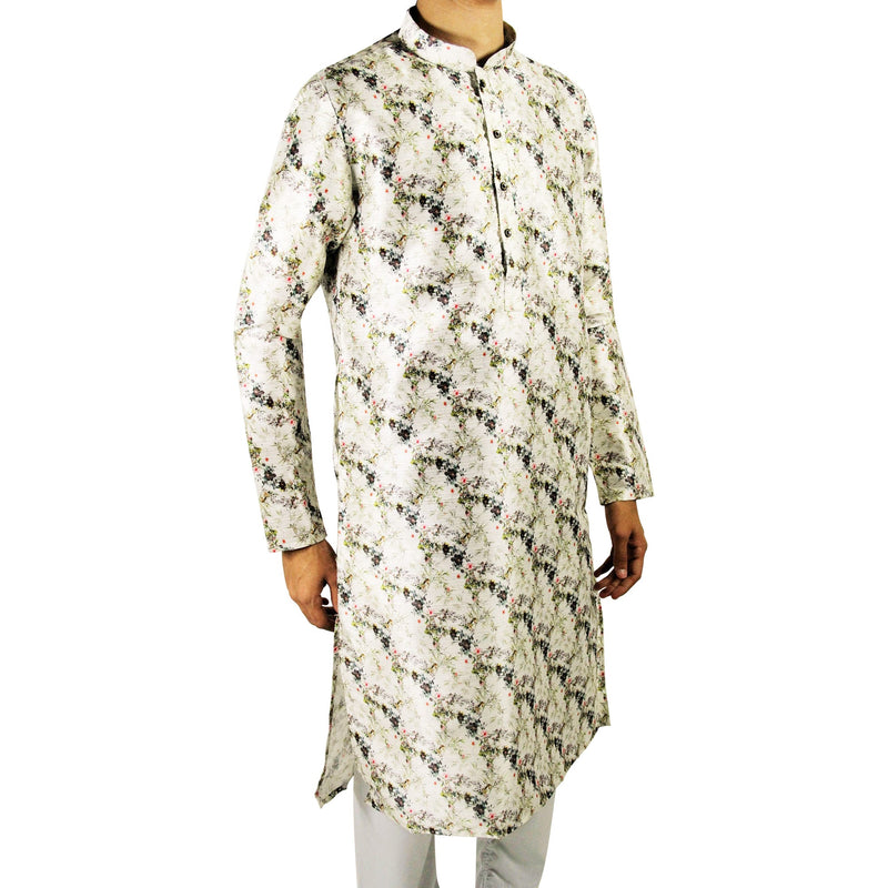 Hijaz Men's Off White Formal Silky Cotton Floral Print Long Asian Kurta Shirt - Hijaz Cultural Fashion