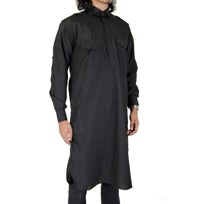 Hijaz Mens Premium Black Military Kurta Top Wrinkle Free Cotton Short Tunic Indian Party Wear Throbe Asian Streetwear Top - Hijaz Cultural Fashion