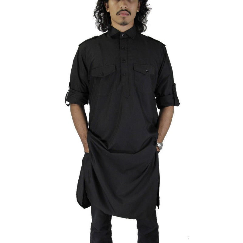Hijaz Mens Premium Black Military Kurta Top Wrinkle Free Cotton Short Tunic Indian Party Wear Throbe Asian Streetwear Top - Hijaz Cultural Fashion