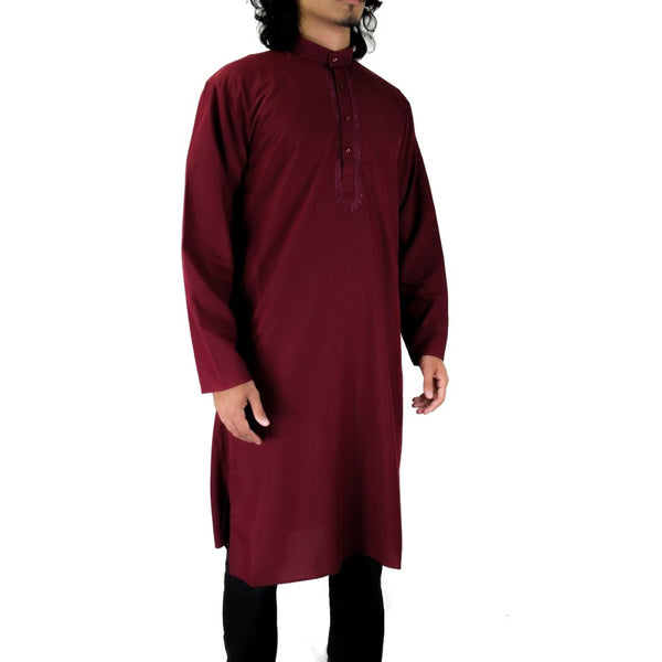 Hijaz Mens Premium Embroidered Maroon Kurta Top Wrinkle Free Cotton Short Tunic Indian Party Wear Throbe Asian Streetwear - Hijaz Cultural Fashion