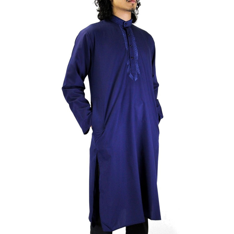 Hijaz Mens Premium Embroidered Navy Blue Kurta Wrinkle Free Cotton Short Tunic Indian Part Wear Throbe Asian Streetwear - Hijaz Cultural Fashion