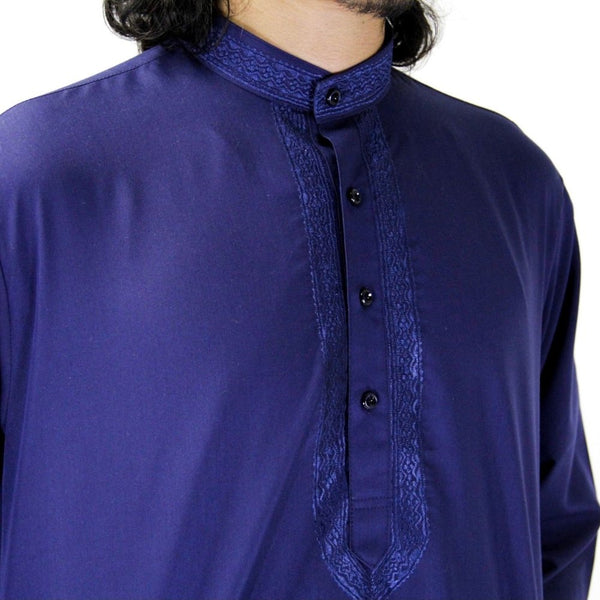 Hijaz Mens Premium Embroidered Navy Blue Kurta Wrinkle Free Cotton Short Tunic Indian Part Wear Throbe Asian Streetwear - Hijaz Cultural Fashion