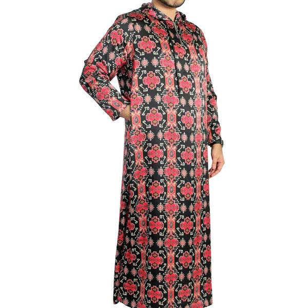 One Piece Lightweight Hooded Unisex Red Tribal Pattern Jilbab Onsie Desert Robe - Hijaz Cultural Fashion