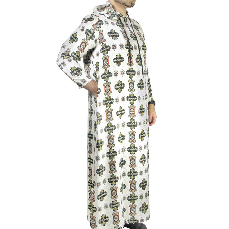 One Piece Lightweight Hooded Unisex White Tribal Pattern Jilbab Onsie Desert Robe - Hijaz Cultural Fashion