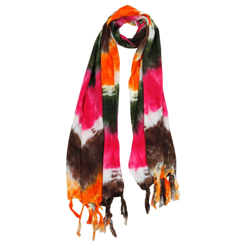 Orange Green Pink and Brown Tie Dye Rectangle Women's Hijab Scarf with Tassles - Hijaz Cultural Fashion