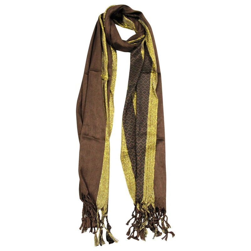 Pashmina Blend Brown and Gold Rectangle Women's Printed Hijab Scarf with Tassles - Hijaz Cultural Fashion