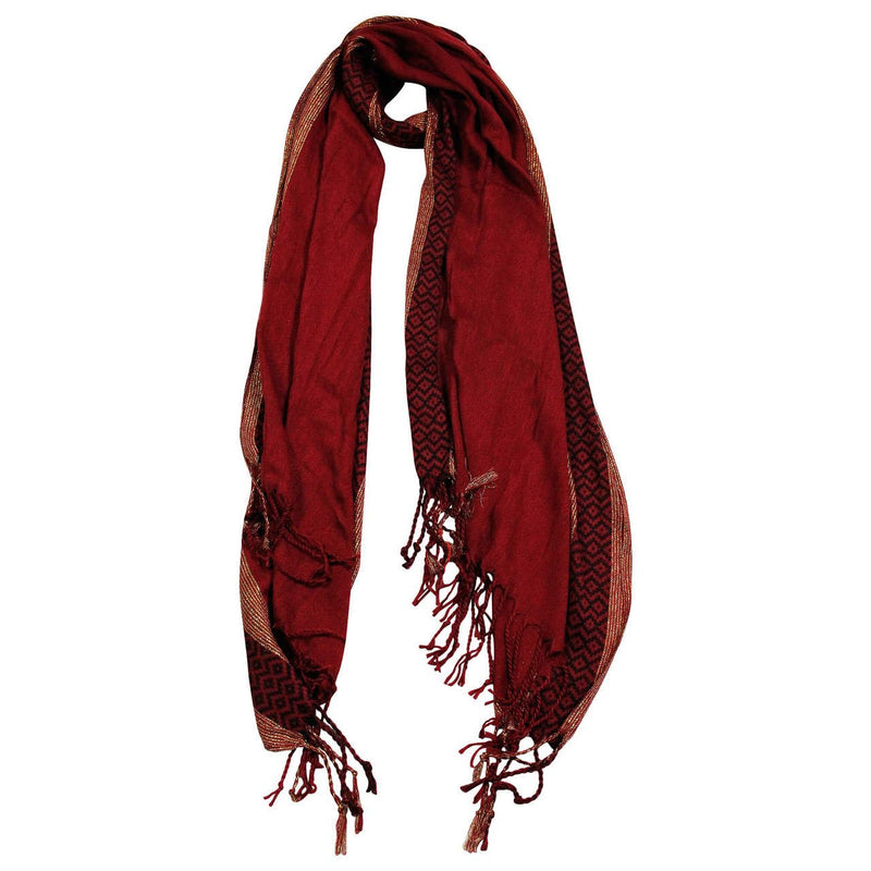 Pashmina Blend Burgundy and Gold Rectangle Women's Printed Hijab Scarf with Tassles - Hijaz Cultural Fashion