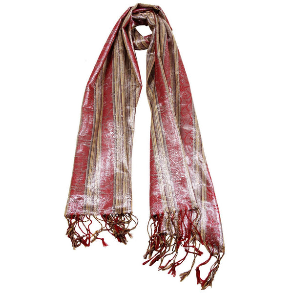 Tan and Red Shiny Rectangle Women's Hijab with Horizontal Pattern Print - Hijaz Cultural Fashion