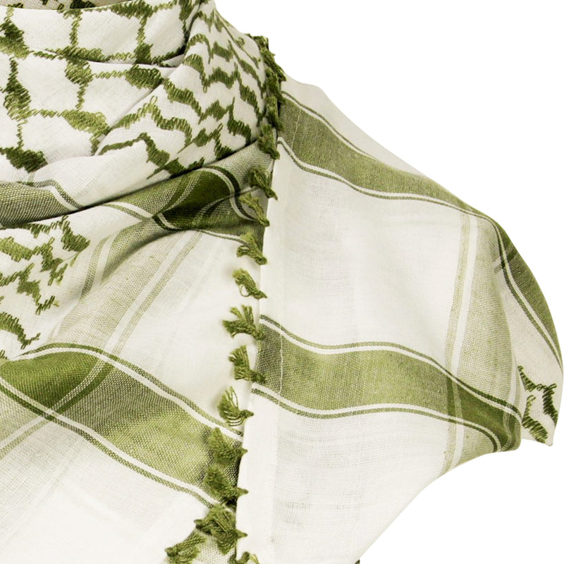 White and Savannah Green Shemagh Tactical Desert Scarf Keffiyeh with Tassels - Hijaz Cultural Fashion