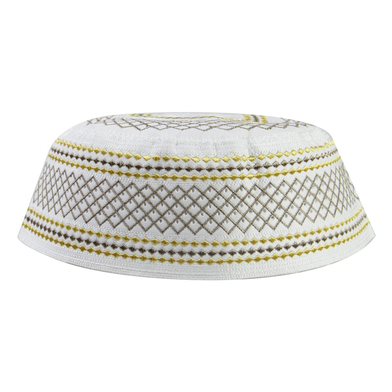 White Gold and Brown Diamond Stitch Men's Hard Kufi Hat Coofie Crown - Hijaz Cultural Fashion