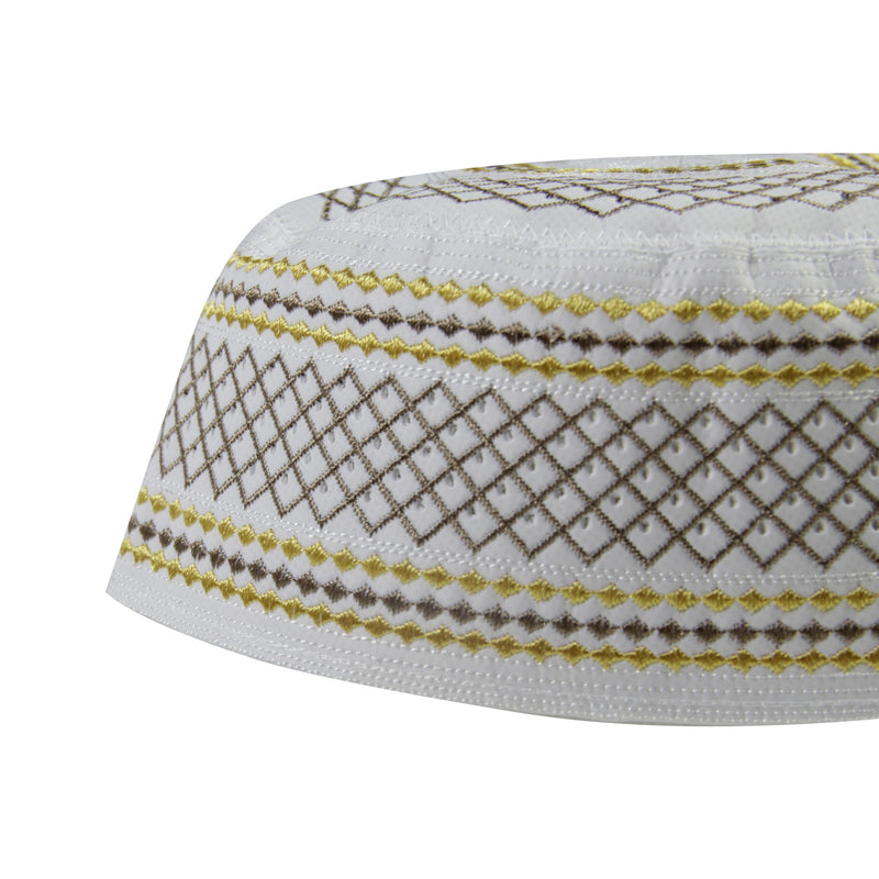 White Gold and Brown Diamond Stitch Men's Hard Kufi Hat Coofie Crown - Hijaz Cultural Fashion