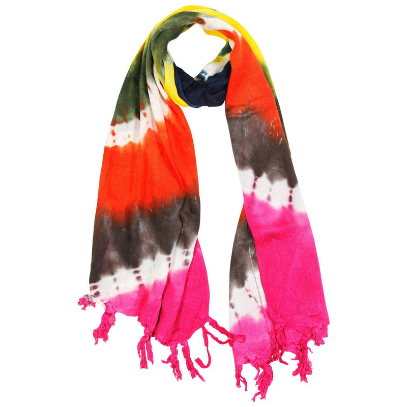 Yellow Orange Pink and Brown Tie Dye Rectangle Women's Hijab Scarf with Tassles - Hijaz Cultural Fashion